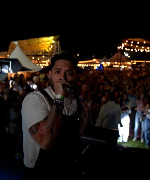 Vocalista de Palmera Beat durante su presentación en vivo ante el público de Vino al Parque Medellín 2025.